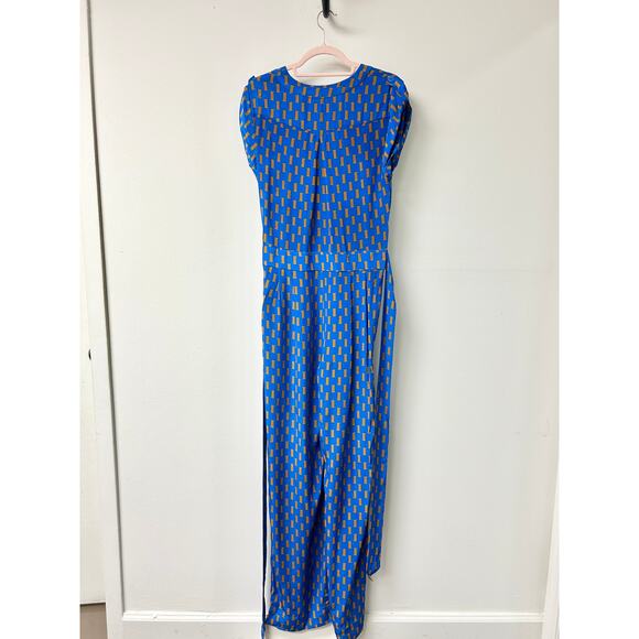 Diane Von Furstenberg 100% Silk Faux Wrap Belted Wide Leg Jumpsuit Blue Womens 8 - Picture 2 of 4